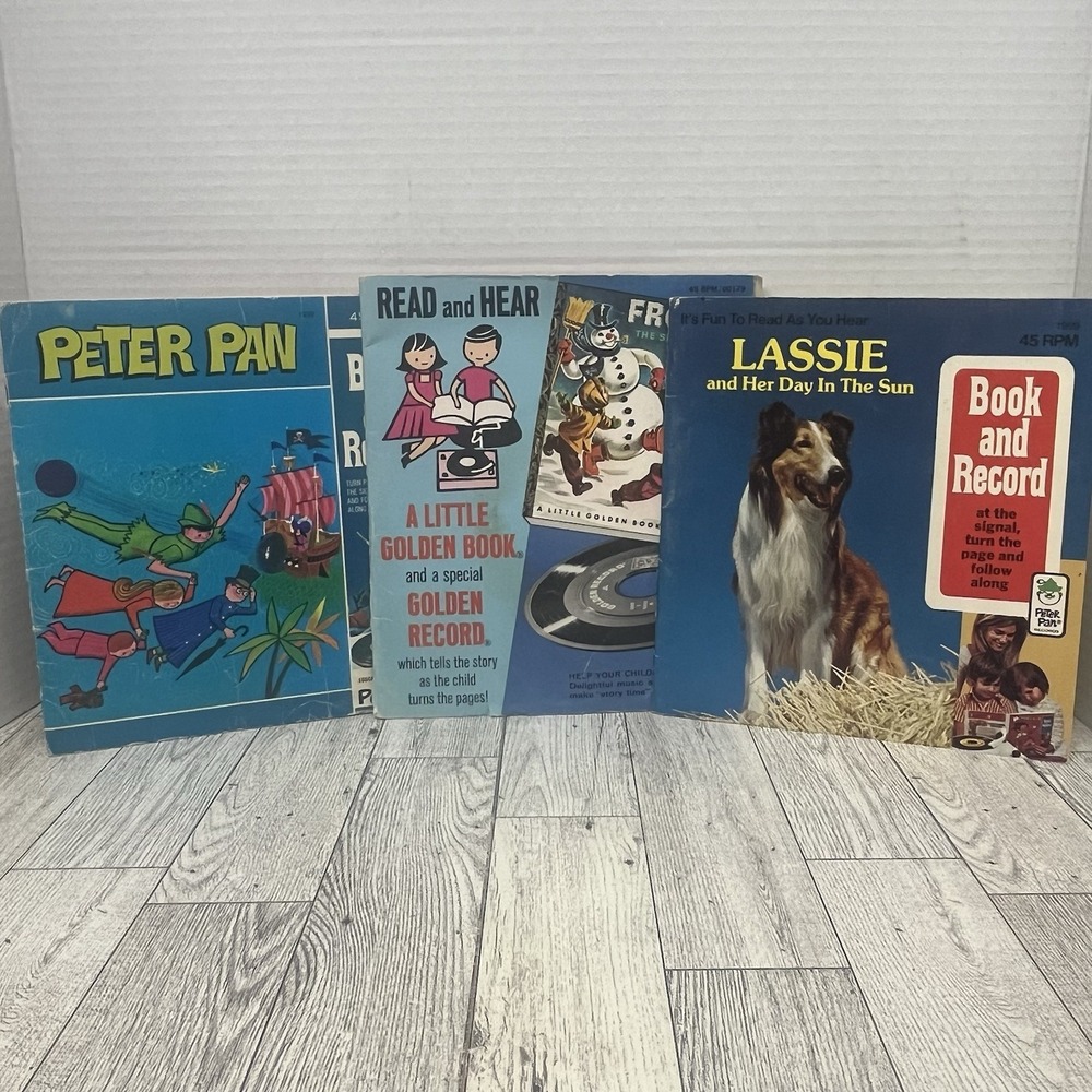 Vintage Read Along Book and Record 45 RPM Lot Peter Pan Frosty Lassie 7" Vinyl